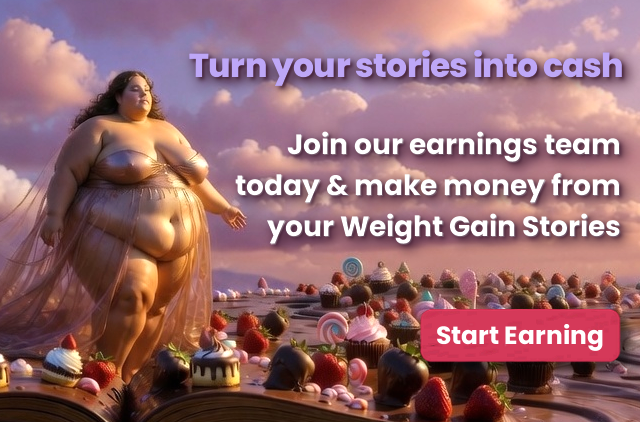 A giant BBW Goddess in a chocolate and sweet fantasy land standing on a chocolate storybook. This is to promote our earners accounts and recruit new story authors. The text says Turn your stories into cash, joi our earnings team today and make money from your weight gain stories, start earning.
