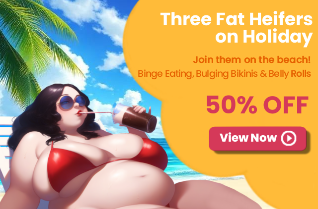 Film poster for the Three Heifers on Holiday picture story, showing the a supersized big beautiful women SSBBW character on the beach in bikinis showing off her big belly.