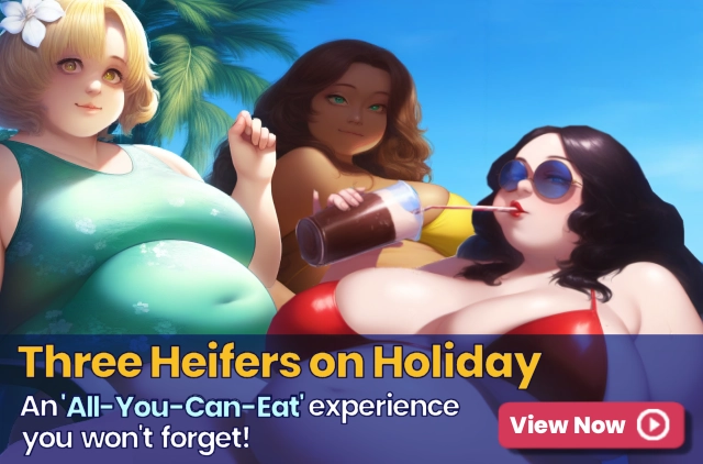 Film poster for the Three Heifers on Holiday picture story, showing the three supersized big beautiful women SSBBW characters on the beach in bikinis showing off their big bellies.