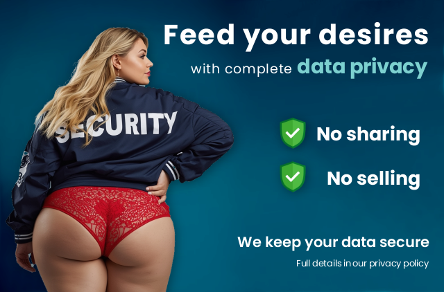Plus size woman wearing a security jacket standing next to text that says (Feed your desires with complete data privacy, no sharing, no selling, we keep your data secure) .