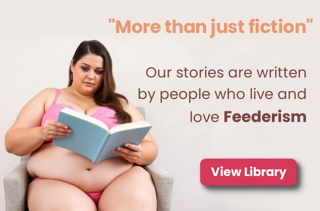 Plus size woman sitting comfortably while reading a book, used as a banner image to promote the story section for weight gain and feederism fiction.