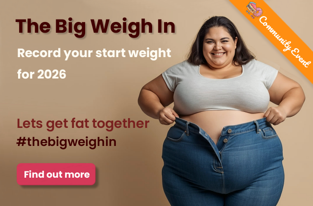 Plus size woman who has gained weight and struggling to fasten her jeans over her large belly. This is a promotional image for the community event - The Big Weigh In - where we are encouraging site members to upload their starting weight for 2026 with the aim of getting fatter by the end of the year.