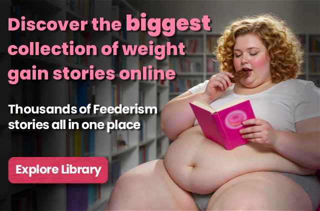 Plus-size woman relaxing on a beanbag in a library, reading a book while eating chocolate, promoting our websites weight gain story collection. Discover the biggest collection of weight gain library online, Thousands of Feederism stories all in one place